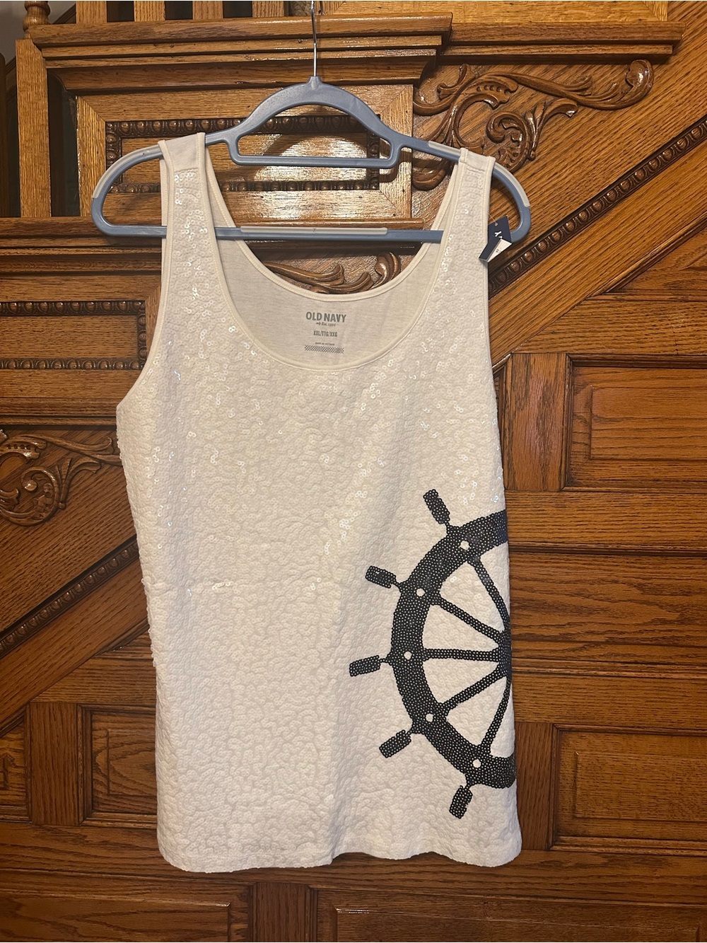 Old Navy White Sequin Tank with Black Wheel Graphic